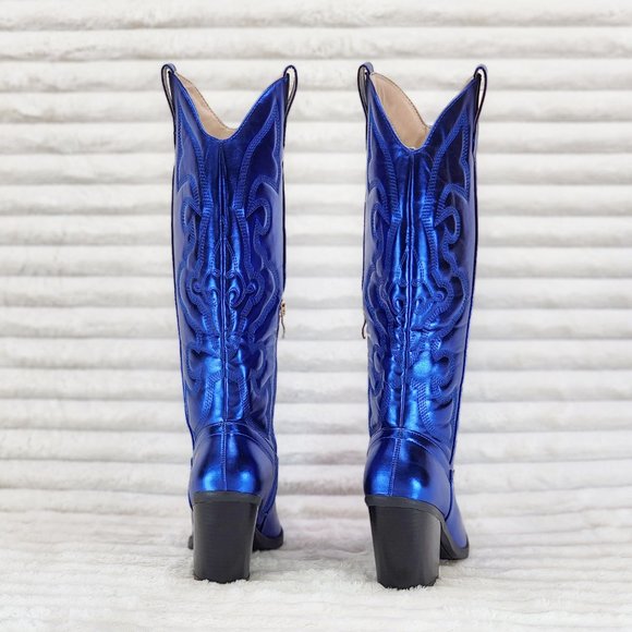 Metallic Western Knee High Cowgirl Cowboy Boots - Royal Blue Cobalt Blue - Picture 7 of 16